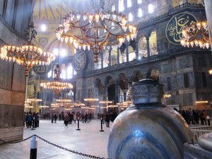 Beautiful chandeliers inside Hagia Sophia